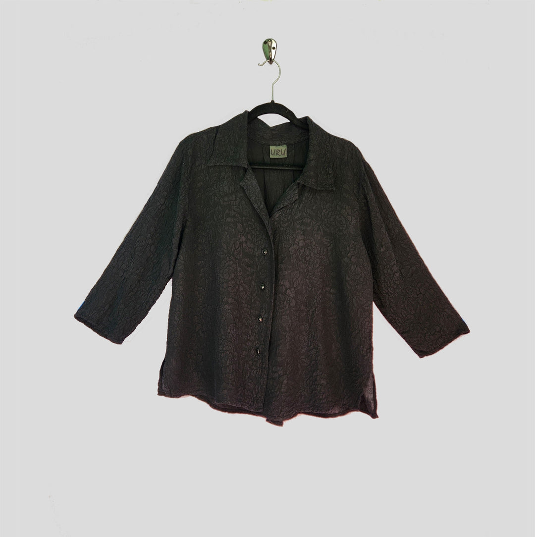 Camp Shirt in Black Textured Silk