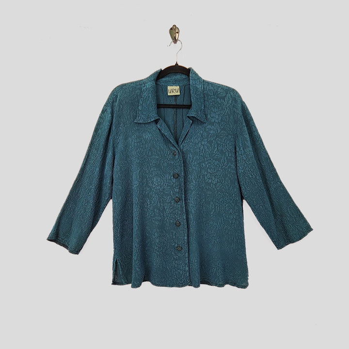Camp Shirt in Green Teal Textured Silk