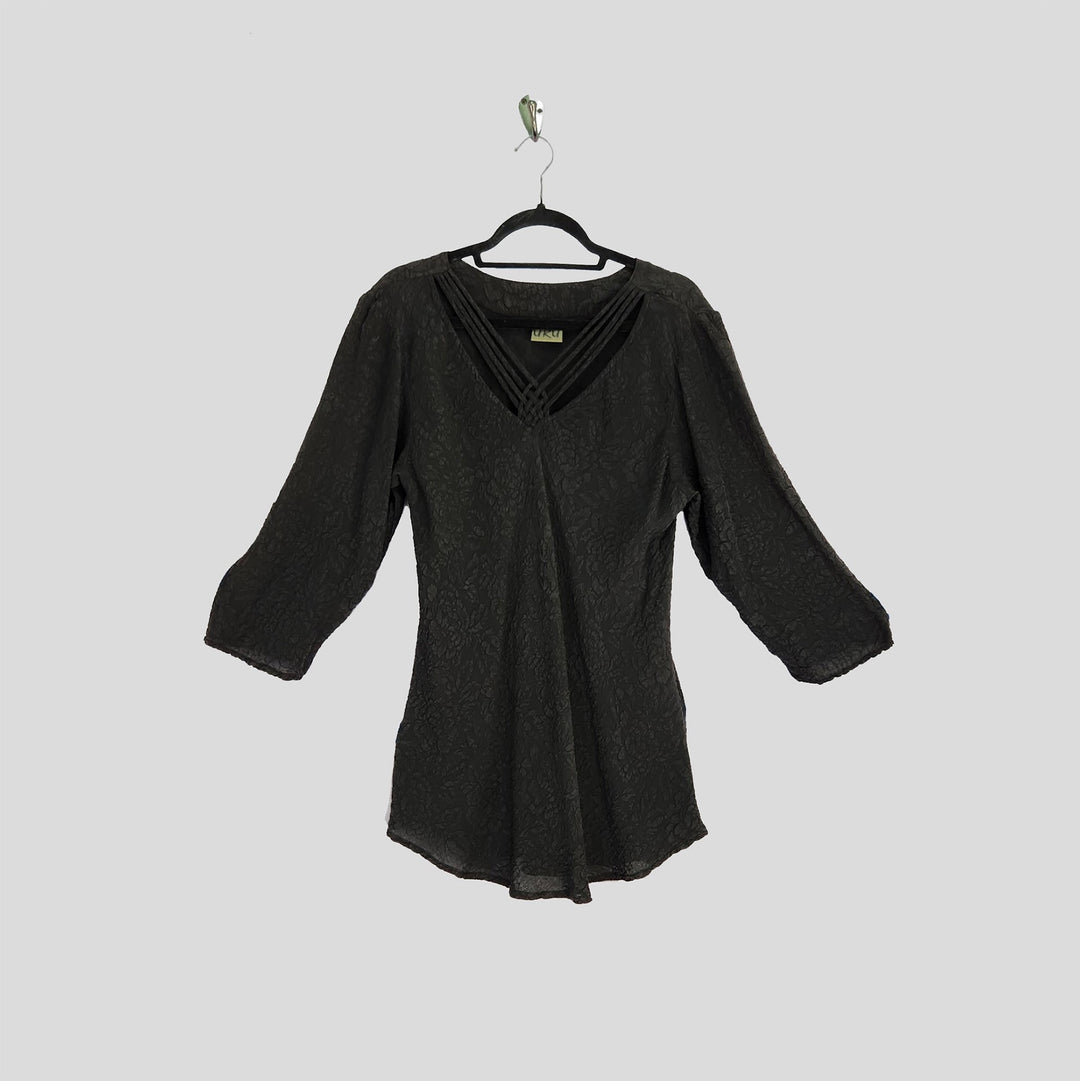 V Neck Black Textured Silk Top