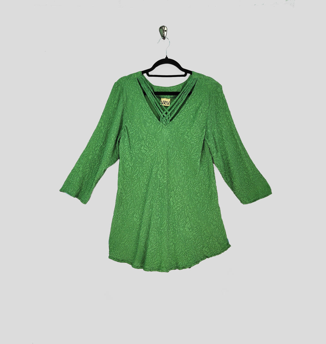 V Neck Phoebe Green Textured Silk Top