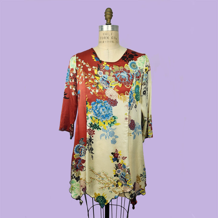 Sunday Smock in Red Asian Floral Printed Silk