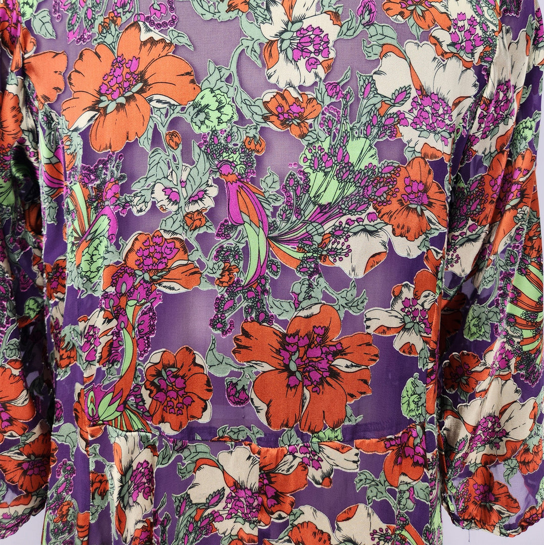 Artist Smock in Purple Floral Burnt Out Printed Silk