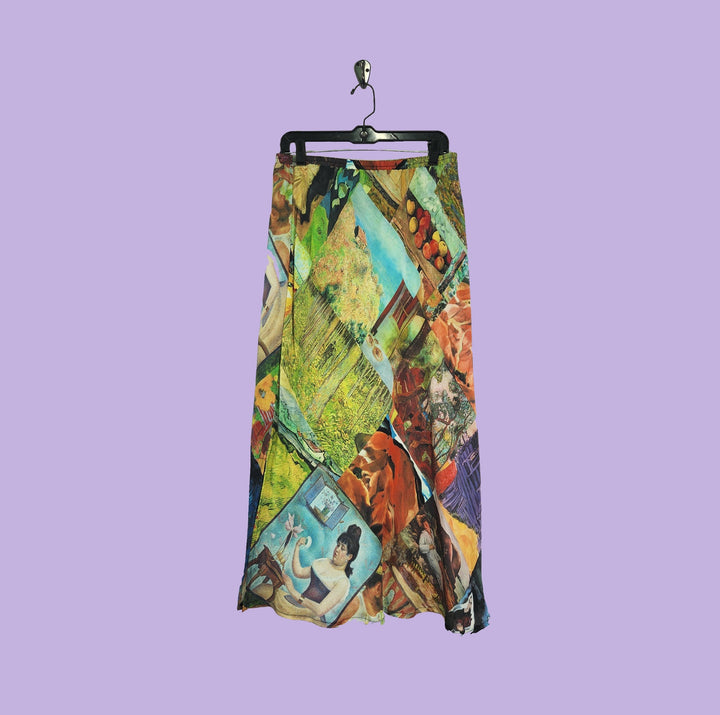 MIDI SKIRT HIGH WAISTED LAST IMPRESSION MULTI-COLORED ARTIST PRINTED SILK, FITS SIZE 8 TO 14, MORE COLORS
