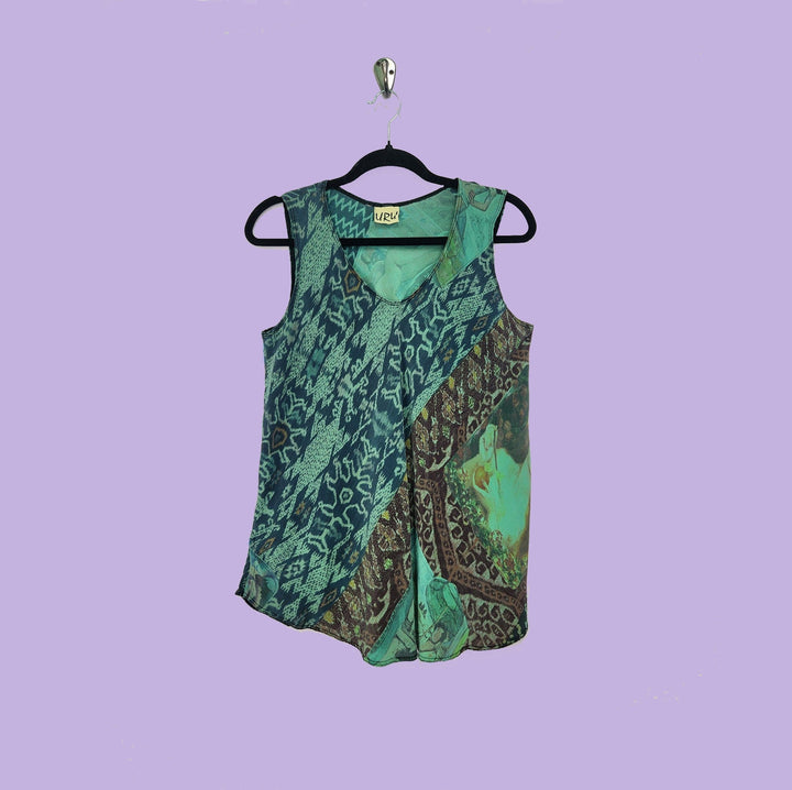 Bias Tank in Surrealist Green Printed Silk