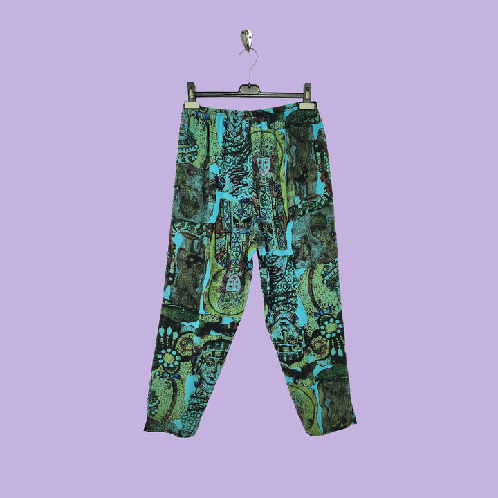 Chinese Pants in Mosaic Blue Printed Silk