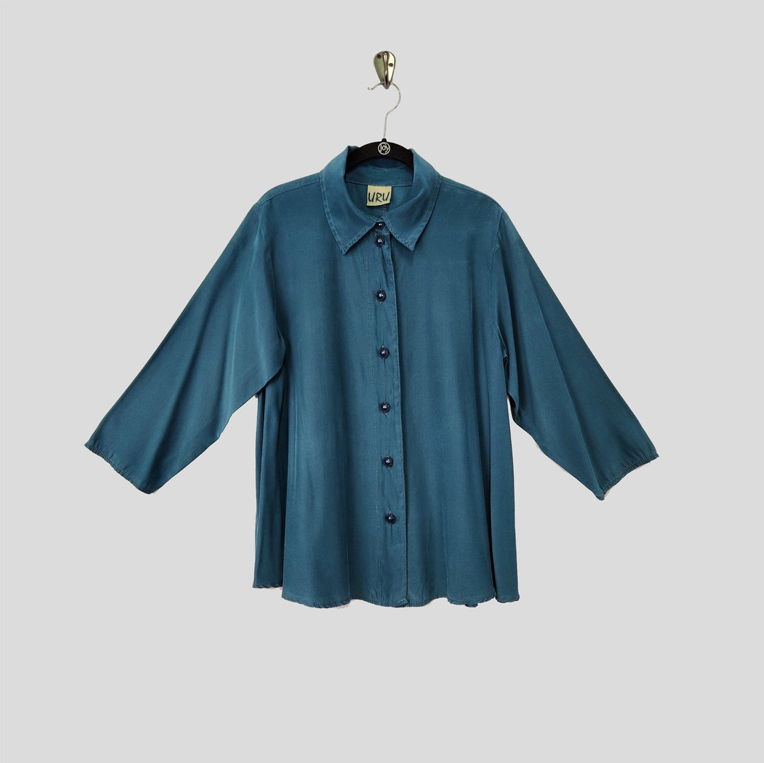 Country Shirt in Green Teal Charmeuse Silk