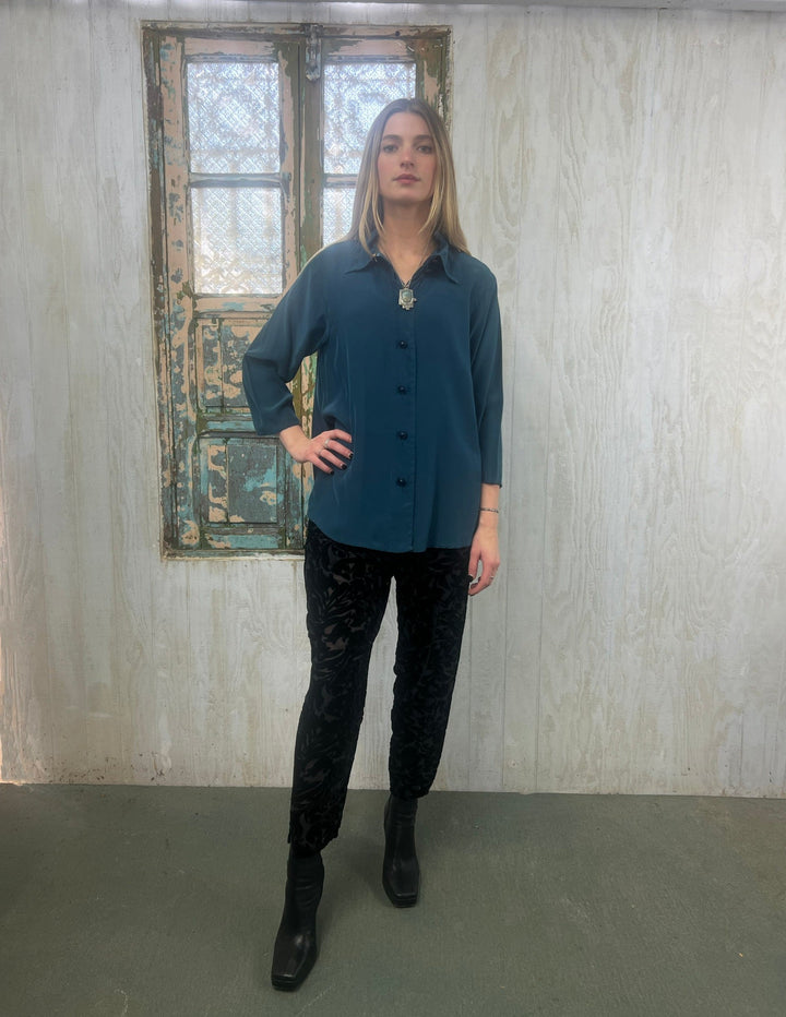 Country Shirt in Green Teal Charmeuse Silk