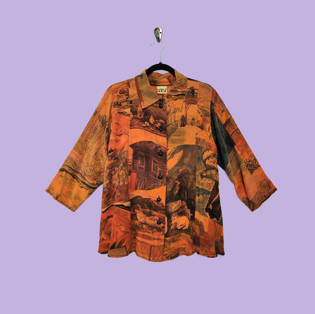 Country Shirt in Surrealist Orange  Printed Silk