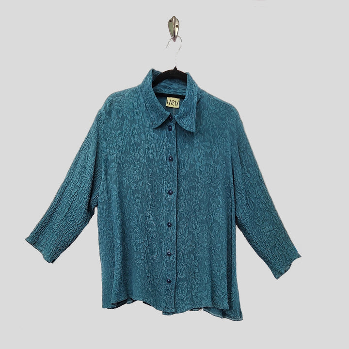 Country Shirt in Green Teal Textured Silk