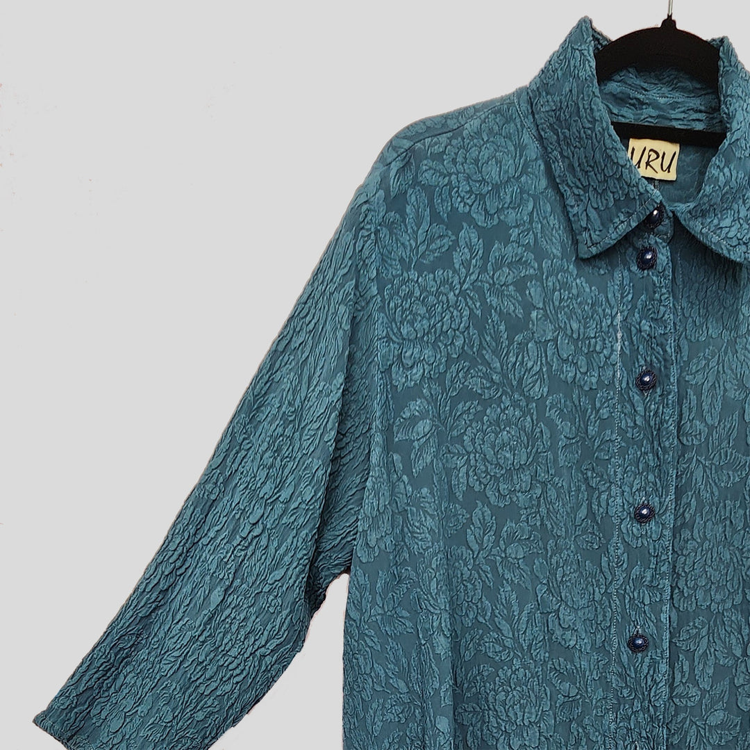 Country Shirt in Green Teal Textured Silk