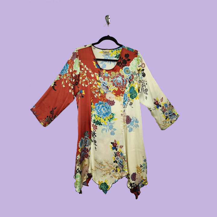 Sunday Smock in Red Asian Floral Printed Silk